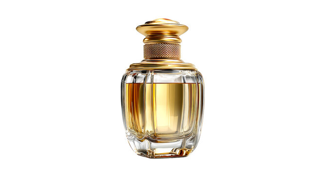 Elegant golden perfume bottle with ornate cap and textured collar, cut out transparent - Powered by Adobe