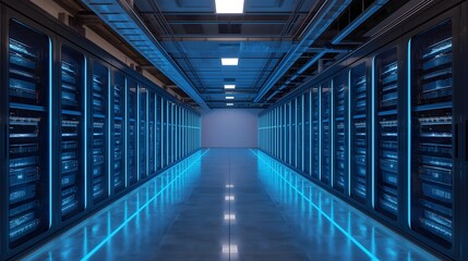 Illuminated futuristic server room hallway with rows of glowing blue server racks creating a sense of advanced technology and data processing