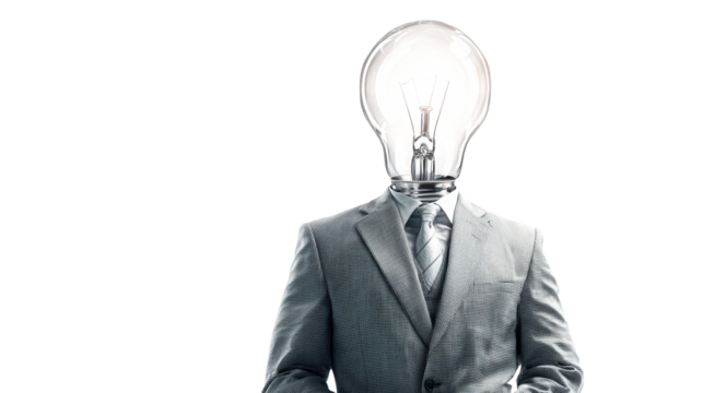 Man with lightbulb for a head wearing a suit and tie, cut out transparent