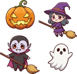 Cute Halloween Characters Pumpkin Witch Ghost Vampire Vector illustration