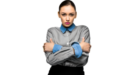 Professional young woman with arms crossed and looking at camera, cut out transparent