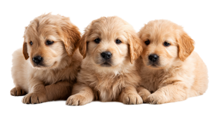Three Golden Retriever Puppies Lying Down on White Background Close Up, cut out transparent