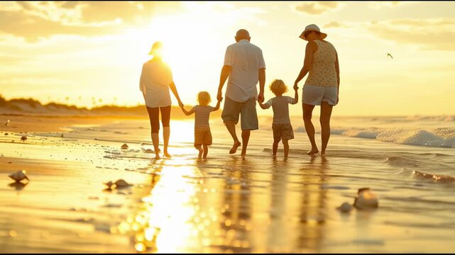 A heartwarming scene of a multigenerational family walking hand in hand along a sunlit beach shore at golden sunset, joyfully collecting seashells and creating cherished memories.