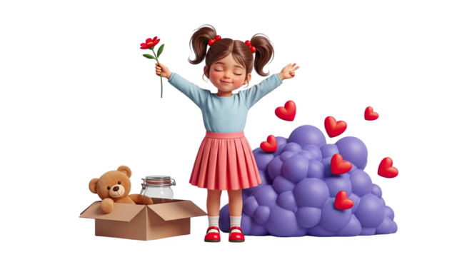 Joyful little girl holding a flower with open arms, celebrating love and happiness with hearts and a teddy bear