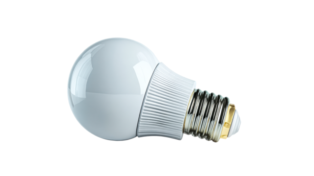 Modern LED light bulb with metallic screw base on white background, cut out transparent