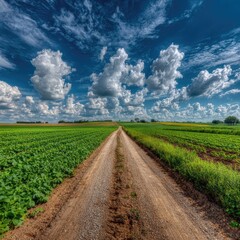 Rural dirt road through fields under a vibrant sky