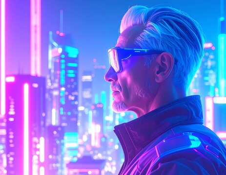 Cyberpunk man profile against neon city - Powered by Adobe