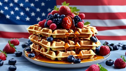 Tasty waffle breakfast topped with syrup and an American flag, served on a marble surface—celebrating National Waffle Day