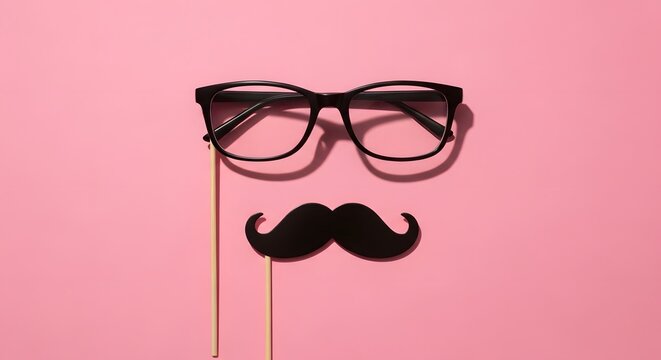 A pair of blackrimmed glasses and a black mustache on sticks, presented against a vibrant pink background, suggesting a fun and playful prop for parties or photo booths