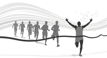 Group of marathon runners on abstract swirl background. Monochrome illustration of a group of marathon runners competing in a street race on abstract swirl background.