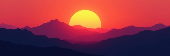 Sharp mountain silhouettes against blazing sunset, bold, red