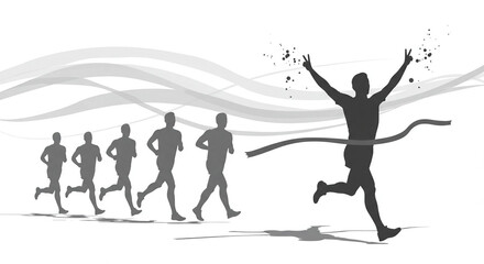 Obraz premium Group of marathon runners on abstract swirl background. Monochrome illustration of a group of marathon runners competing in a street race on abstract swirl background.