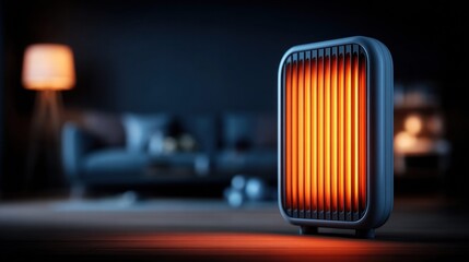 A modern electric heater glows warmly in a dimly lit, inviting living room setting, with soft background elements.