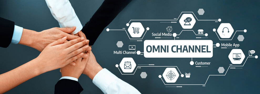 A visually engaging representation of collaboration in business, showcasing hands unified above the omni channel concept with various digital interaction icons and elements. Amity