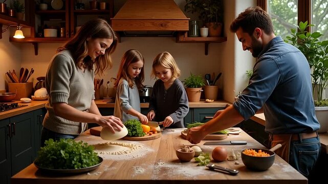 Happy family cooking together in modern kitchen, enjoying quality time, preparing fresh ingredients for a delicious meal, joyful moments of connection