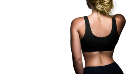 Woman's bare back and shoulder wearing black athletic top and lower garment, cut out transparent