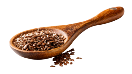 Wooden spoon filled with brown flax seeds against a white background, cut out transparent