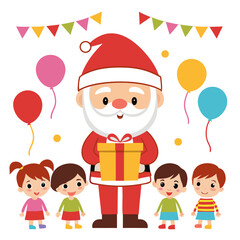 Fototapeta premium Santa claus giving gifts to happy children at a festive party isolated on white background isolated on transparent background