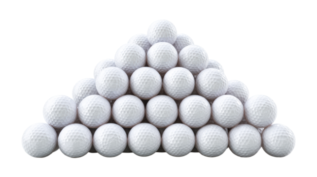 Pyramid Stack of White Golf Balls on Isolated White Background, cut out transparent