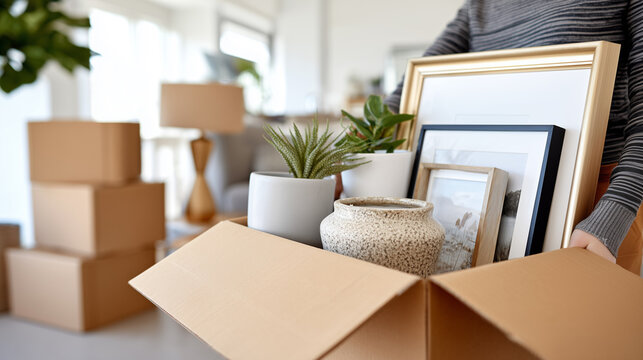 Moving boxes packed with home decor, plants and framed pictures. Person relocating to new house apartment. Real estate transition lifestyle concept. Residential property development investment scene.