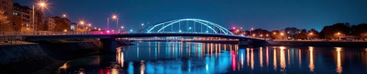Modern pedestrian bridge at night, city lights reflecting in water , city, night view, tourism