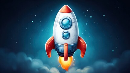 A cartoon rocket ship blasts off into a starry night sky, full of adventure.