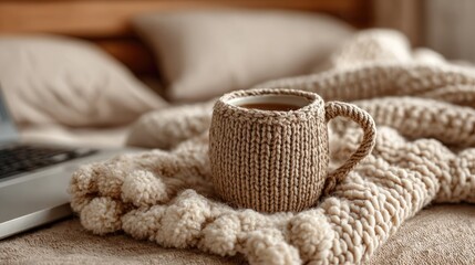 Cozy knitted mug of tea on a bed