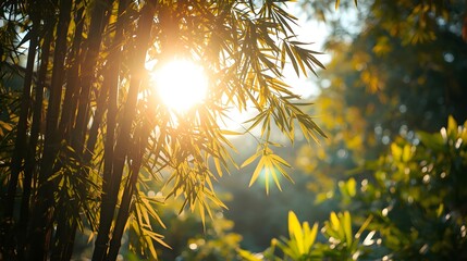 Golden sunbeams pierce through lush green bamboo leaves creating a serene and tranquil natural forest scene with soft light and bokeh