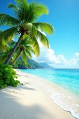 White sand, lush palms, gentle waves lapping shore, blue, vacation, sea