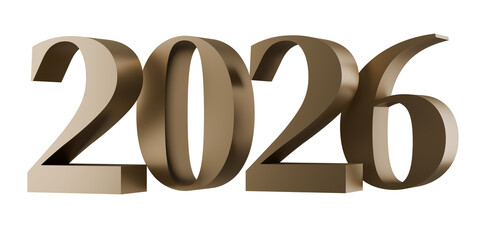 3D Rendering metallic gold 2026 new year, modern design. Ideal for event branding, digital and print media.