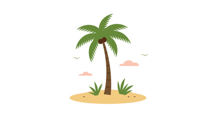 Tropical island getaway with palm tree, sandy beach, and serene sky illustration for travel and vacation vibes
