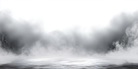 Obraz premium A tranquil scene capturing dense mist dispersing over a reflective surface, evoking serenity and mystery. The ethereal atmosphere highlights the interplay of light, shadow, and blending of textures
