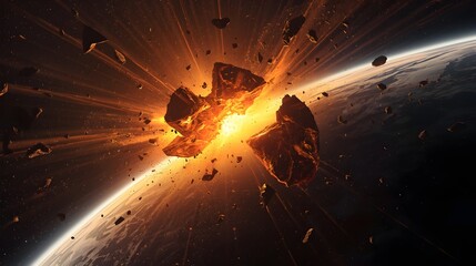 Spectacular cosmic explosion engulfs a planet in fiery debris and bright light as fragments scatter across the dark expanse of space
