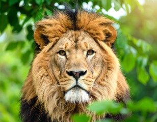 Lion portrait in lush green foliage