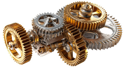 Group of interlocked metallic gears made of gold and silver materials, cut out transparent
