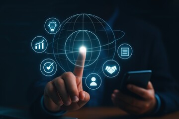A hand interacts with a global interface, highlighting digital communication and business strategy.