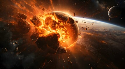 Obraz premium Dramatic depiction of a planet exploding in space with fiery debris scattering across the cosmos near a distant moon and earth