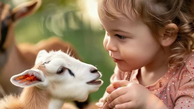 a child strokes a small goat