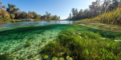 Crystal-clear river, split view, lush greenery