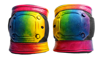 Protective knee pads with vibrant rainbow gradient finish, cut out transparent