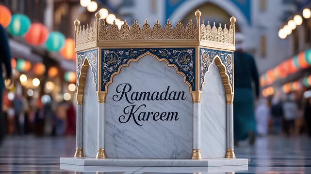 Ramadan Kareem Decorative Ornament on Marble Base with Golden Details and Blurred Background of People Walking in the Street