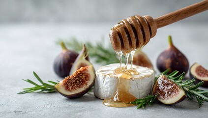Honey dripping on brie cheese with figs and rosemary