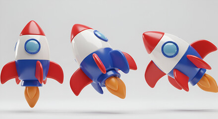 Colorful 3D Cartoon Rockets Ascending Against a Plain Background, Ready for Launch