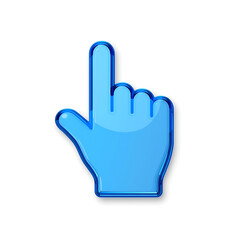 Obraz premium image features a stylized, three-dimensional hand cursor icon in a translucent blue color, with a white background, creating a modern, minimalistic design suitable for digital interfaces.