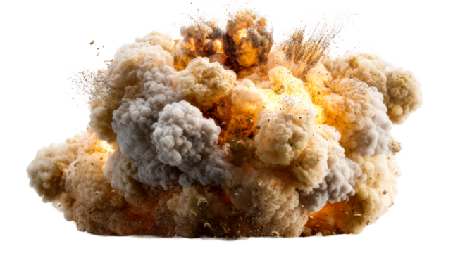 Massive explosive detonation with cloud of smoke and debris, cut out transparent
