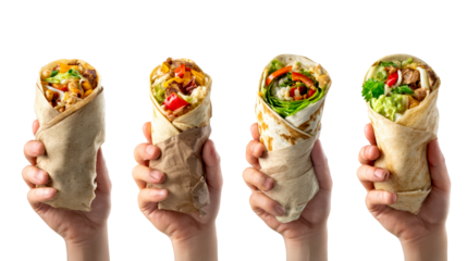 Four hands holding freshly made burritos with various fillings and toppings, cut out transparent