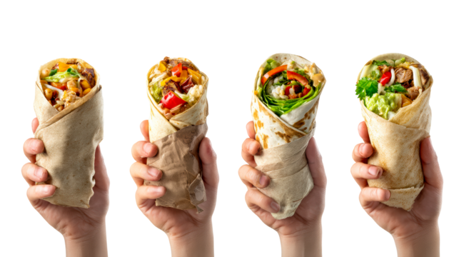 Four hands holding freshly made burritos with various fillings and toppings, cut out transparent