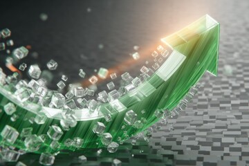Green glass arrow ascends, leaving a trail of dissolving cubes on a dark gray grid