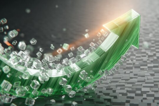 Green glass arrow ascends, leaving a trail of dissolving cubes on a dark gray grid