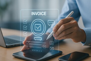 A person interacts with a digital invoice interface displayed on a tablet, highlighting a modern technology concept.
